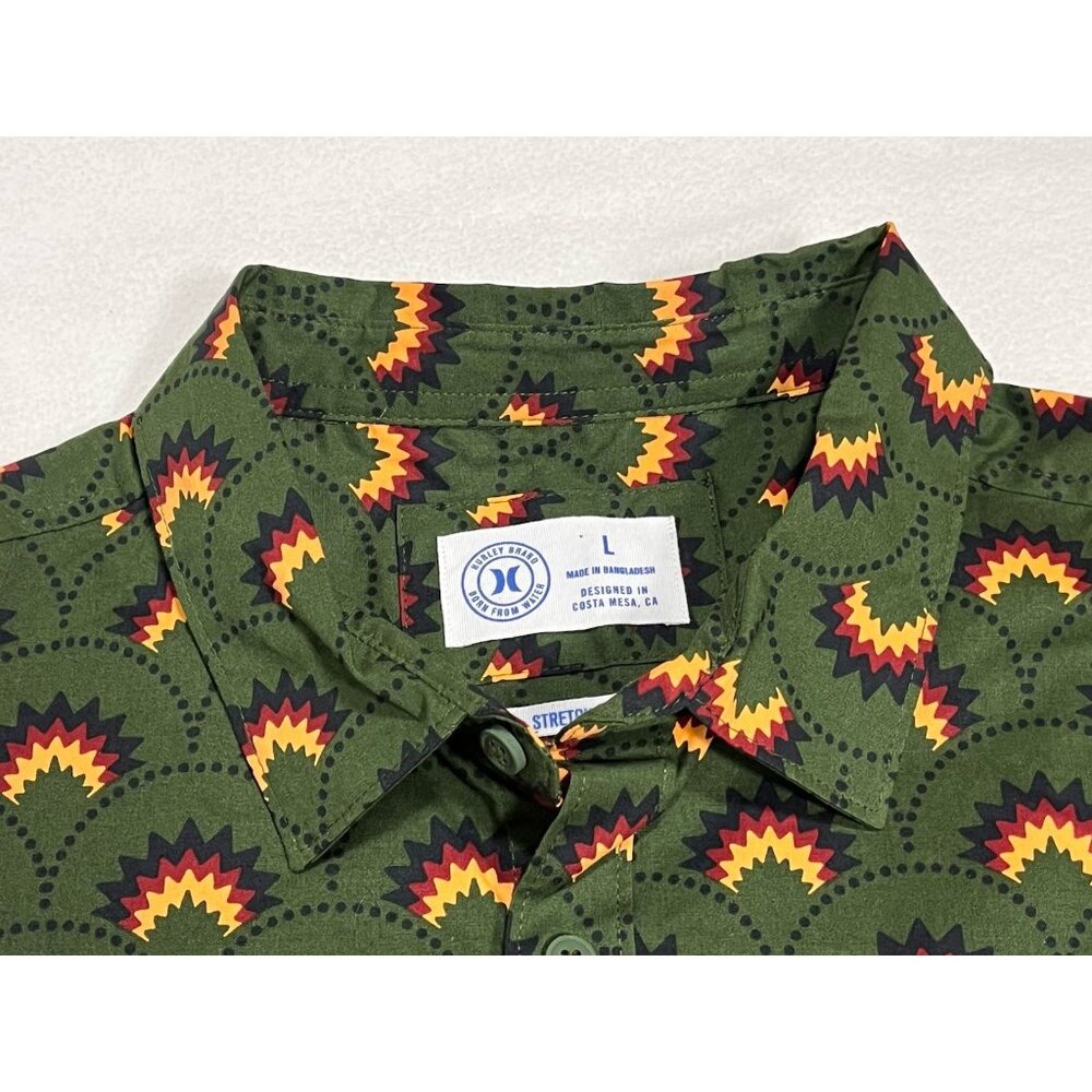 Hurley Mens Large Stretch Button Up Shirt Green Geometric Aztec NWT - Picture 9 of 16